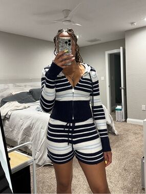 lovetheory blue and white striped knit zip up sweater hoodie and shorts set